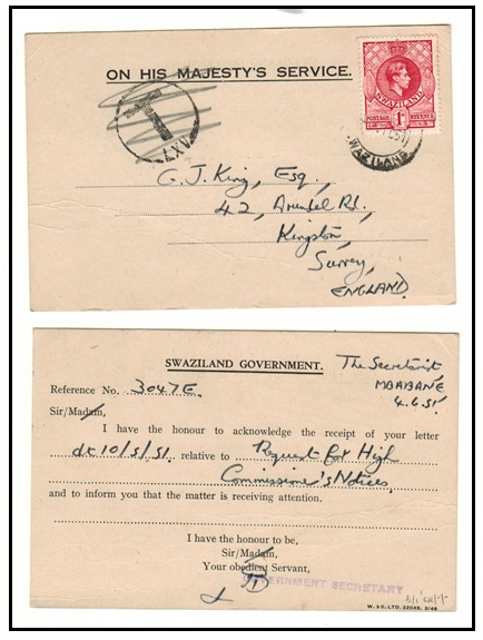 SWAZILAND - 1951 1d rate use of OHMS postcard to UK .