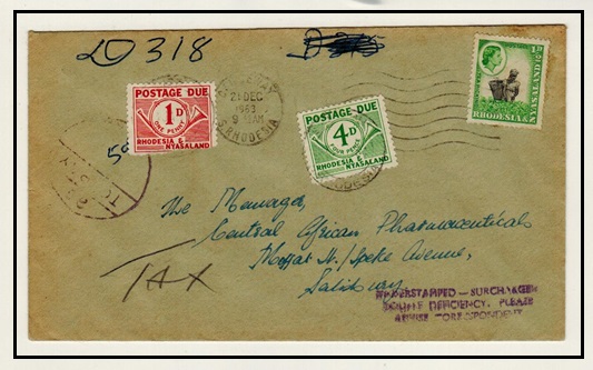 RHODESIA AND NYASALAND - 1963 underpaid cover with 1d and 4d postage dues added at SALISBURY.