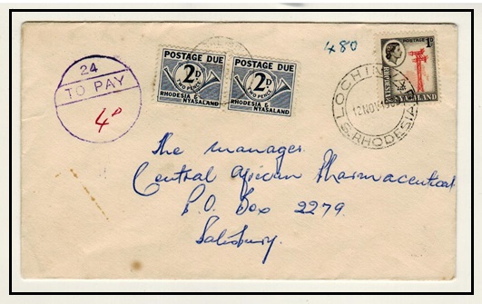 RHODESIA AND NYASALAND - 1963 underpaid cover from LOCHINVAR with 2d postage due pair added.