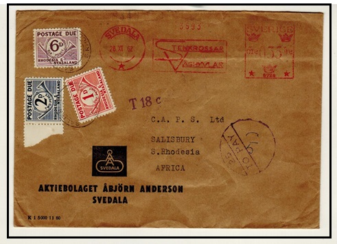 RHODESIA AND NYASALAND - 1962 inward underpaid cover from Sweden with 1d,2d+6d postage dues added.