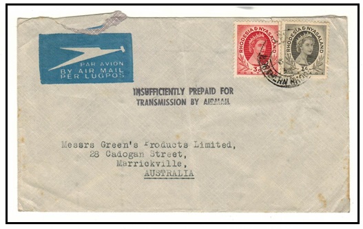 RHODESIA AND NYASALAND - 1956 1/3d rate cover from LUSAKA struck INSUFFICIENTLY PREPAID.