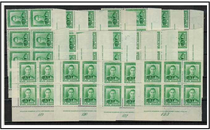 NEW ZEALAND - 1941 1d green PLATES 102-108, 112-120, 122 and 123 mint imprint blocks of 6. SG 606.