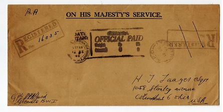 GRENADA - 1949 GRENADA/OFFICIAL PAID/WEIGHT registered OHMS cover to USA.