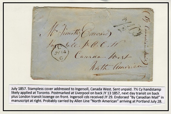 CANADA - 1857 inward cover from UK struck 