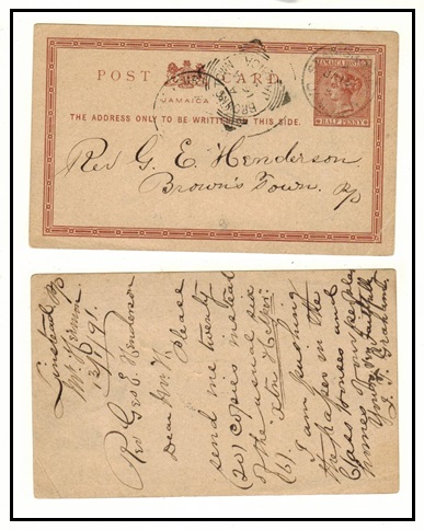 JAMAICA - 1891 use of 1/2d red-brown PSC to Browns Town used at SPANISH TOWN.  H&G 7.