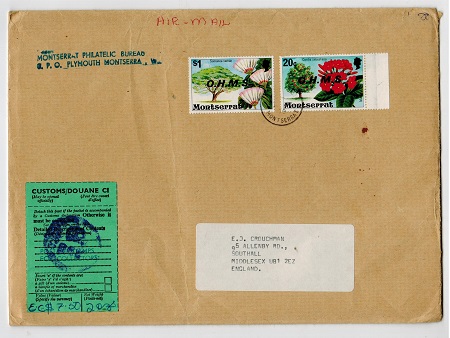 MONTSERRAT - 1976 cover to UK with 20c and $1 OHMS adhesives with MISSING STOPS.
