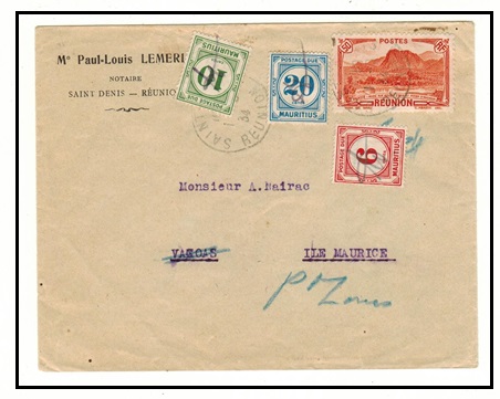 MAURITIUS - 1934 inward underpaid cover from Reunion with 6c,10c and 20c