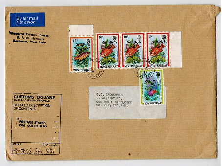 MONTSERRAT - 1981 cover to UK with 10c strip of three, 45c and $3 OHMS adhesives.