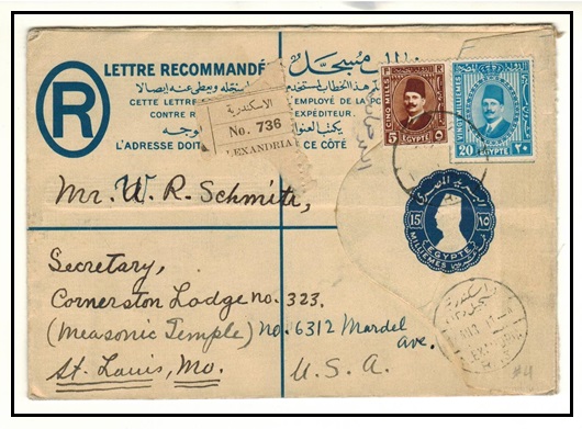 EGYPT - 1929 15m dark navy blue RPSE (Survey Of Egypt imprint) uprated to USA.  H&G 4b.