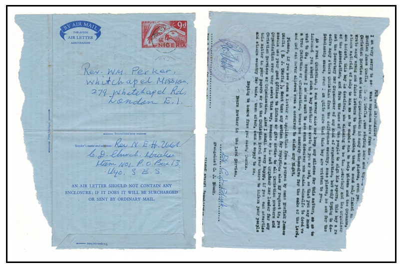 BIAFRA - 1969 use of (part) Nigerian 9d postal stationery wrapper at UYO during Biafran War.