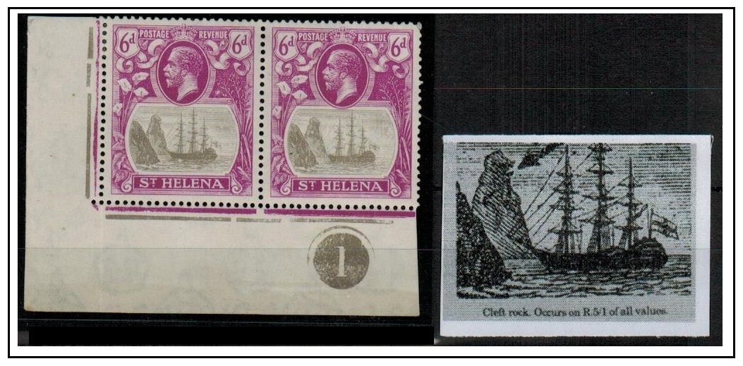 ST.HELENA - 1922-37 6d grey and bright violet fine mint pair with CLEFT ROCK variety.  SG 104c.