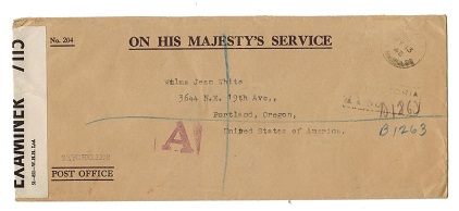 SEYCHELLES - 1943 censored registered OHMS to USA with label and unusual 