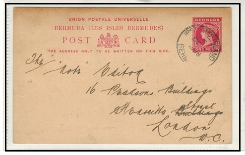 BERMUDA - 1893 1d carmine PSC to UK used at IRELAND ISLAND.  H&G 9.