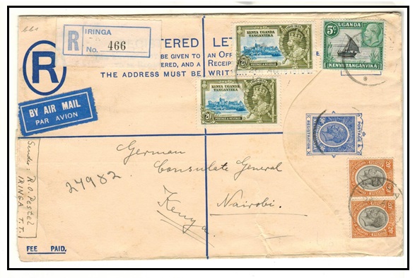 K.U.T. - 1935 50c ultramarine RPSE (size H) uprated locally used at IRINGA.  H&G 3a.