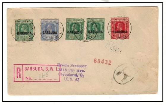 BARBUDA - 1923 5d rated registered cover to USA used at BARBUDA.