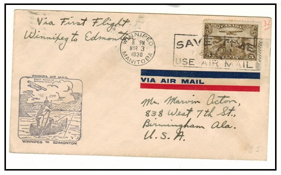 CANADA - 1930 first flight cover from Winnipeg to Edmonton.