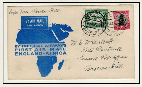 NORTHERN RHODESIA - 1932 inward first flight cover from Cape Town.