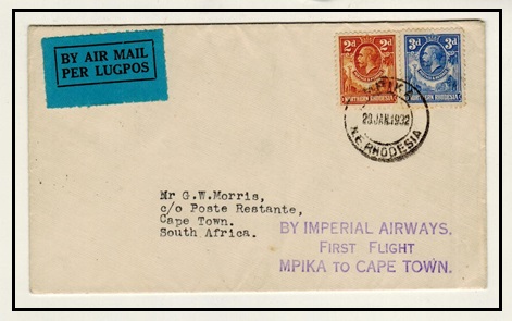NORTHERN RHODESIA - 1932 first flight cover from Mpika to Cape Town.