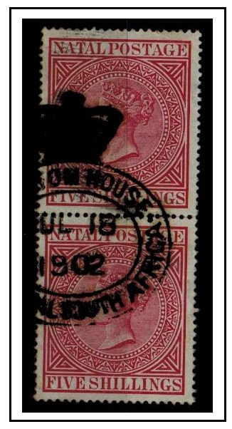 NATAL - 1889 5/- rose vertical pair struck by 