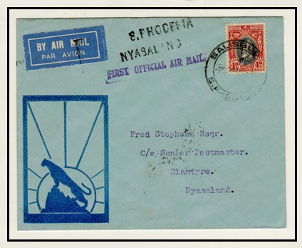 SOUTHERN RHODESIA - 1934 first flight cover from Salisbury to Nyasaland.
