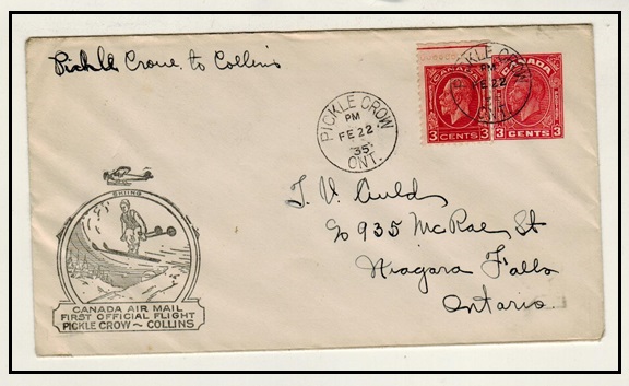 CANADA - 1935 first flight cover from PICKEL CROW to COLLINS.