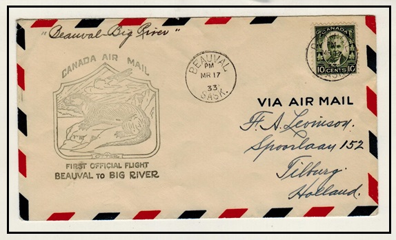 CANADA - 1933 first flight cover from BEAUVAL to BIG RIVER.