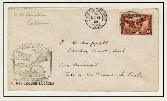 CANADA - 1936 ILE A LA CROSSE to LA LOCHE first flight cover.