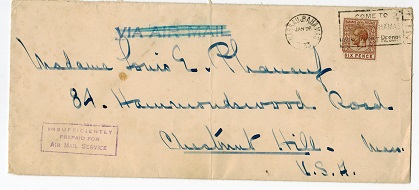 BAHAMAS - 1933 INSUFFICIENTLY/PREPAID FOR/AIR MAIL SERVICE cover to USA from NASSAU.