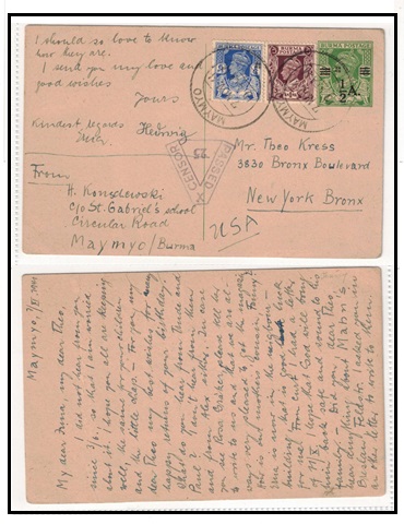 BURMA - 1939 1/2a on 9ps yellow green PSC censored to USA used at MAYMYO.  H&G 6.