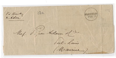 INDIA - 1882 stampless cover to Mauritius sent from the French enclave of Pondicherry.