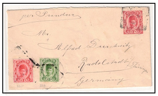 ZANZIBAR - 1908 6c carmine PSE uprated to Germany.  H&G 10.