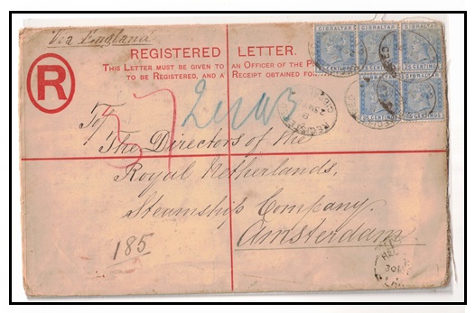 GIBRALTAR - 1889 20c orange red RPSE (size H) uprated with 25c (x5) to Amsterdam.  H&G 8b.
