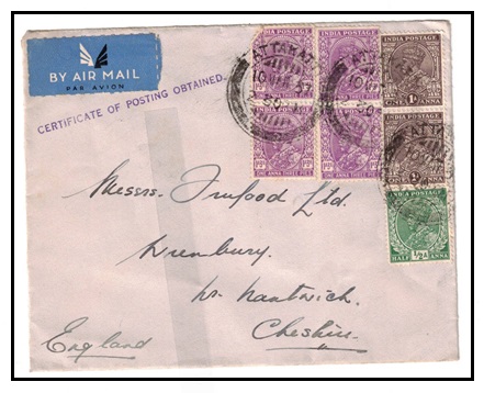 INDIA - 1937 cover to UK used at ATTAKATTI struck CERTIFICATE OF POSTING OBTAINED.