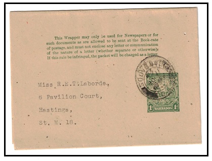 BARBADOS - 1938 1d green postal stationery wrapper used locally to Hastings.  H&G 6.