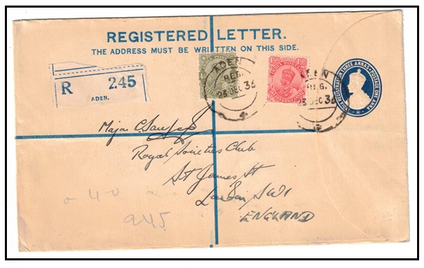 ADEN - 1936 3a+1a blue RPSE (size H) f India uprated to UK used at ADEN.  