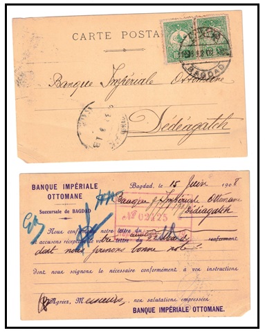 IRAQ - 1913 postcard use to Turkey bearing Turkish 10pa green (x2) used at BAGDAD.
