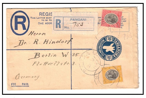 TANGANYIKA - 1923 30c dark blue uprated RPSE to Germany used at PANGANI.  H&G 1.