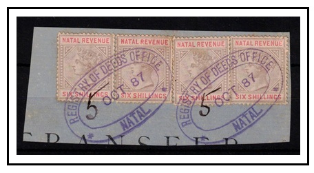 NATAL - 1887 1/- (x4) NATAL REVENUE adhesives on piece.