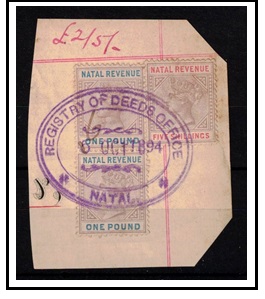 NATAL - 1894 5/- and 1 (x2) NATAL REVENUES on piece.