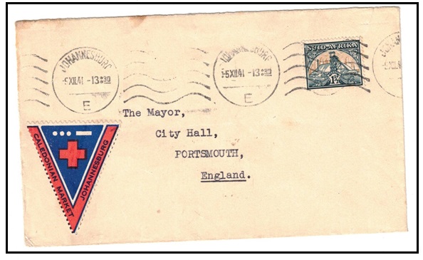 SOUTH AFRICA - 1941 1 1/2d rate cover to UK with scarce CALEDONIAN MARKET/JOHANNESBURG label.