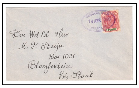 NATAL - 1900 1d Transvaal adhesive on cover to Blomfontein struck VELD POST ZAR/INGAGNE.