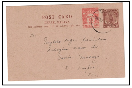 MALAYA - 1953 4c + 2c PSC to Kuala Lumpur used at TAMPONG.  H&G 14.