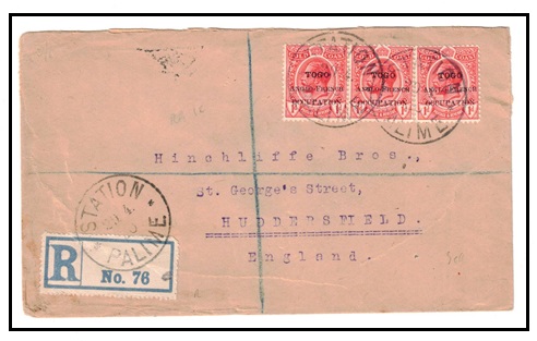 TOGO - 1920 1d (x3) on registered commercial cover to UK used at STATION PALIME.