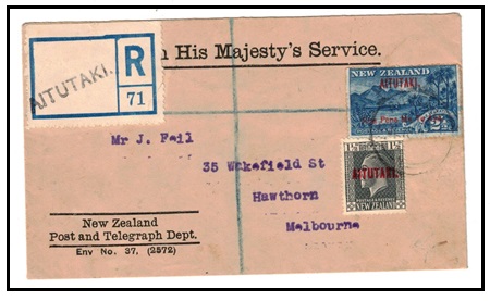 AITUTAKI - 1918 4d rated registered cover to Australia.