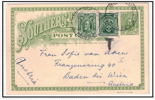 SOUTHERN RHODESIA - 1931 1/2d yellowish green underpaid PSC to Austria used at BULWAYO.  H&G 3.