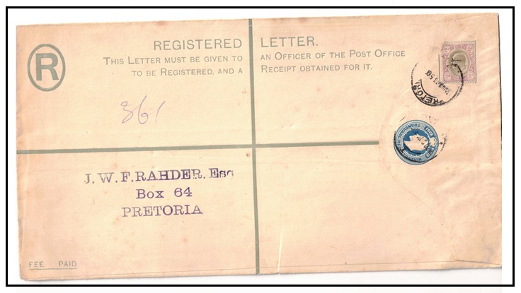 TRANSVAAL - 1902 4d blue RPSE (size K) uprated at PRETORIA.  H&G 4d.