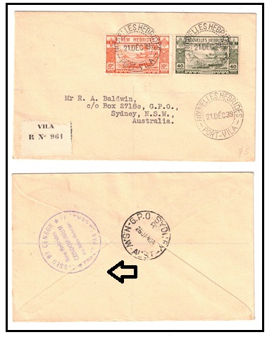 NEW HEBRIDES - 1939 50c rate registered 