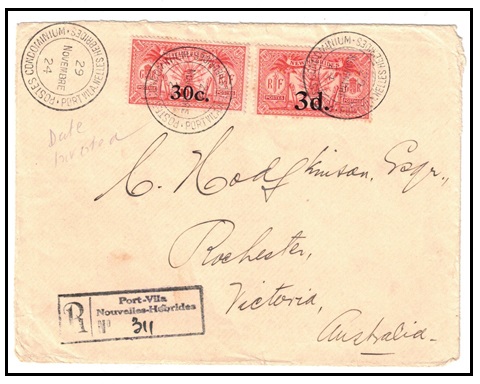 NEW HEBRIDES - 1924 3d on 30c and 1d on 10c surcharged registered cover to Australia.