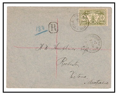 NEW HEBRIDES - 1923 50c rate registered cover to Australia.