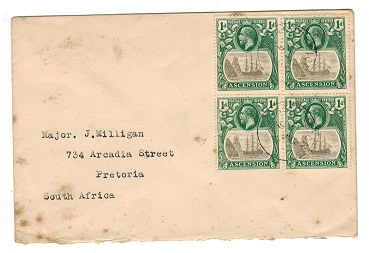 ASCENSION - 1924 cover to South Africa with 1d Blkx4 showing CLEFT ROCK variety.  SG 11c.